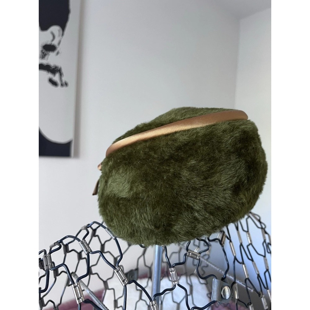 Vintage‎ Miss Gwenn Jr Olive Green Faux Fur Pillbox Hat Satin Bow 1960s Retro 22